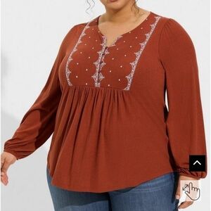 🆕️ COGNAC TEXTURED JERSEY V-NECK EMBROIDERED YOKE LONG SLEEVE TOP